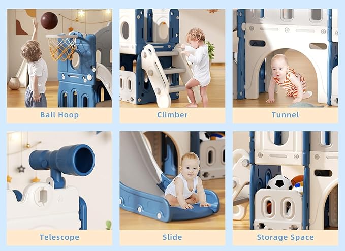 YUFU 8 in 1 Kids Slide for Toddlers Age 1-3, Kids Playset with Basketball Hoop and Ball, Indoor Outdoor Playground