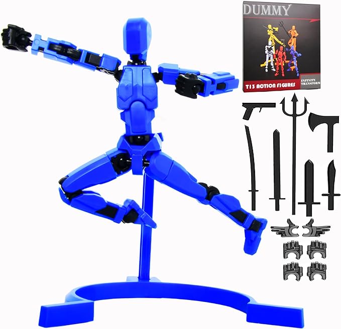 T-13 Creative Action Figure with Pose Stand,Anime Robot Building Toy Sets,Lucky Puppet Joints for Boys,Girls,Men,Women,Multi-Jointed Moveable Dummy Desk Decoration,Desktop Ornament for Game Lover,Blue