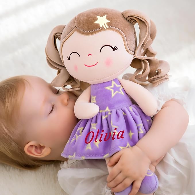 Gloveleya Personalized Baby Doll – Custom Name Rag Doll Gift for Girls | Soft Plush Keepsake Toy | Birthday, Baby Shower & Holiday Present – Purple Stars 12’’