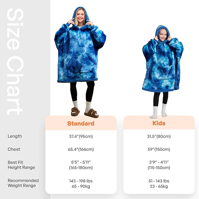 Giggling Getup Wearable Blanket Hoodie for Adults Gifts for Teen Girls Sister Women Sherpa Fleece Printed Hooded Blanket Sweatshirt Warm Cozy with Pocket & Sleeves Dark Blue Tie Dye