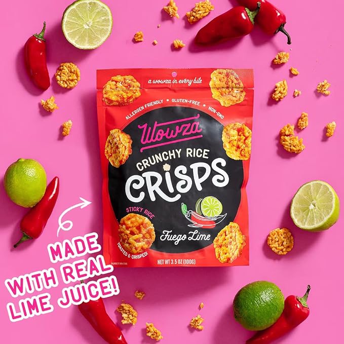 Wowza Fuego Lime Crunchy Rice Crisps | Spicy Gluten Free, Non-GMO, 8 Pack | Spicy lime flavor, Healthy chip alternative, Kid-friendly, 3.5 oz bags, No artificial flavors, Allergen-friendly, Bold heat
