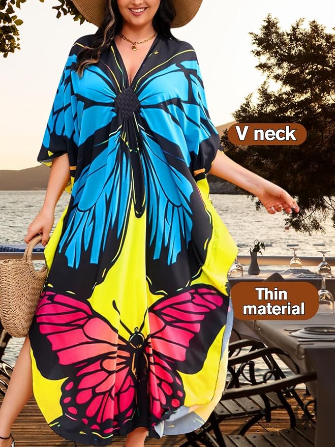ChiaoLezhee Print Moo-Moos for Women, Kaftan Cover-Up Dresses, Sexy V-Neck High-Slit, Beach Pool-Party Coverups Muumuu Plus