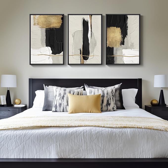 Framed Modern Black and White Abstract Wall Art for Living Room, 3 Piece | Large Canvas Prints Paintings Artwork for Walls, Minimalist Black Beige Gold Pictures, Bedroom Office Wall Decor, 30x60 In