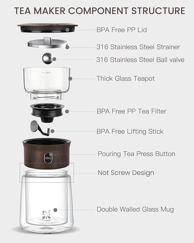 ZENS Modern Glass Tea Infuser Teapot, Smart One Touch Tea Maker for Loose Tea Diffusers with Insulated Mug and Cute Portable Walnuts Tea Kits for Tea Lover Gifts