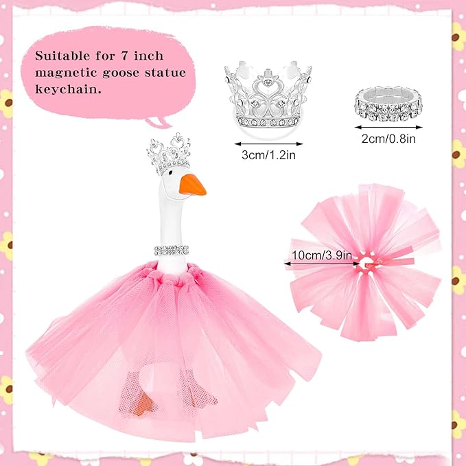3 Pcs Desk Goose Outfits with Crown Rhinestone Necklace Pink Tutu Dress Princess Costume for 7inch Magnetic Key Holder Mini Goose Statue