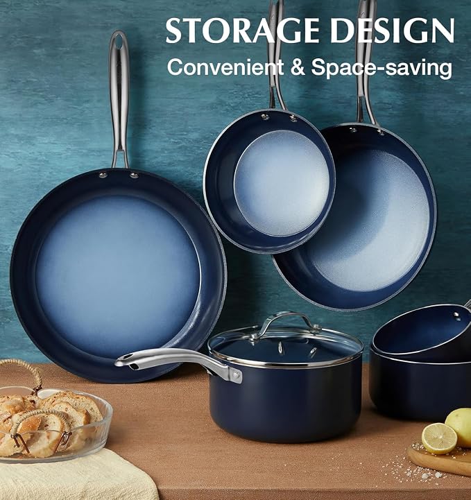 KOCH SYSTEME CS Non Stick Frying Pans, 10 Inch Frying Pan Nonstick with Lid, Frying Pan with Lid & Non Toxic Ceramic Coatings, Induction Compatible, Gradient Blue