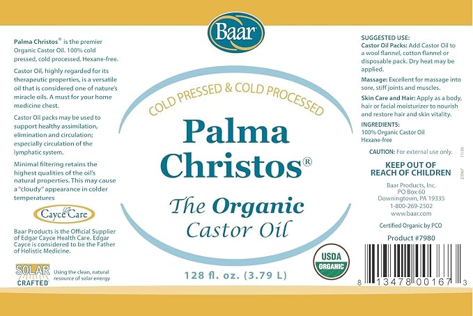 Baar Organic Castor Oil for Eyelash, Eyebrow and Hair Renewal, Skin Repair and Protection, Detox & Cleansing and Relief for Sore Muscles and Stiff Joints, Cold Pressed, Hexane Free, 128 fl oz / 1 gal