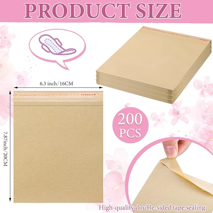 Dunzoom 200 Pcs Large Sanitary Napkin Disposal Bags Feminine Hygiene Disposal Bags 7.87 x 6.3 Inch Bulk Disposable Kraft Tampons Bags for Feminine Products with Self Adhesive for Women Girls