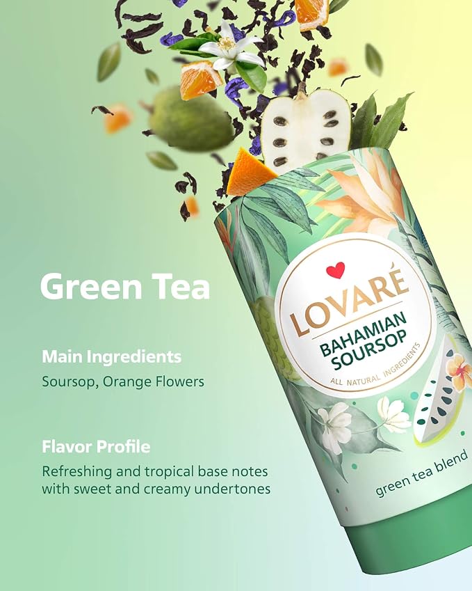 LOVARE Bahamian Soursop Loose Leaf Tea – 80 g Premium green tea blend with Pieces & Marigold Petals – Ukrainian Brand – Authentic Gift Tube with 15 Paper Filters – Easy to Brew tea Blend (Bahamian Soursop)
