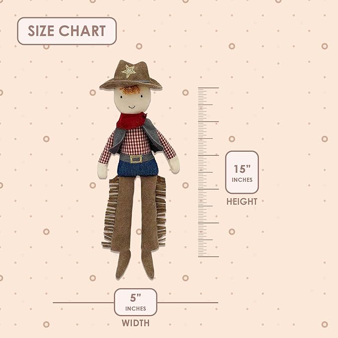 MON AMI Cooper The Cowboy Doll – 15”, Soft & Elegant Plush Stuffed Doll for Kids of All Ages, Use as Toy or Room Décor