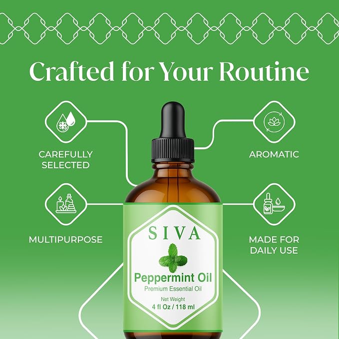 Siva Peppermint Essential Oil 4 Fl Oz – for Diffuser, Skin & Hair Care – Ideal for Aroma, Massage & DIY Blends- with Dropper
