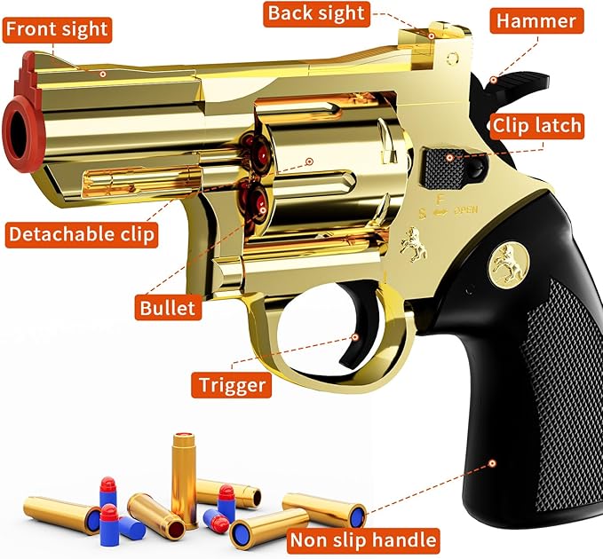 Toy Gun Soft Bullet Toy Revolver, Can fire Sponge Bullets,with 40 Bullets,for Age of 6 7 8 9 10+ Years Old Kid Boys Girls（Gold）