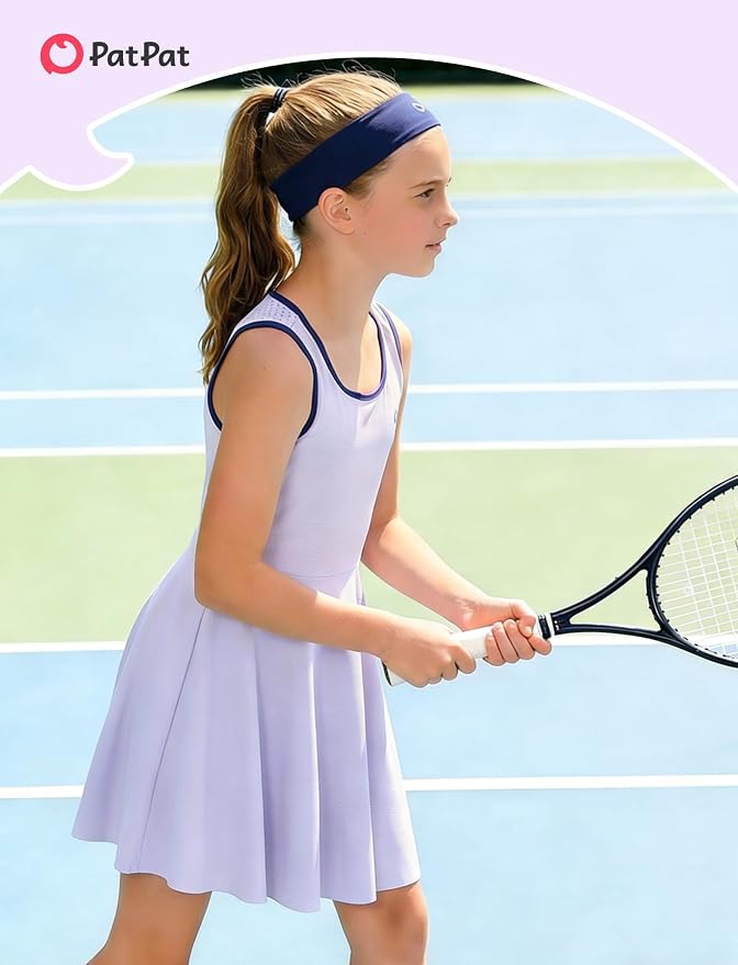 PATPAT Girls Athletic Dress Tennis Summer Outfit with Headband & Shorts | Quick-Dry RapidAir-C Fabric, Lightweight Breathable Golf Dress, Sweat-Wicking 2 Piece sets, Two Hidden Pockets