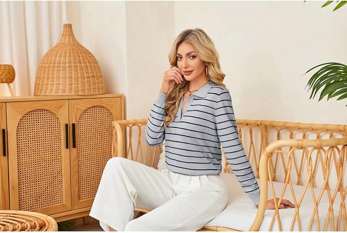 Women's Long Sleeve Classic V Neck Casual Fall Winter Polo Sweater Tops | Basic Collared Knitted Fashion Work Business Formal Daily Wear Versatile Pullover Shirts
