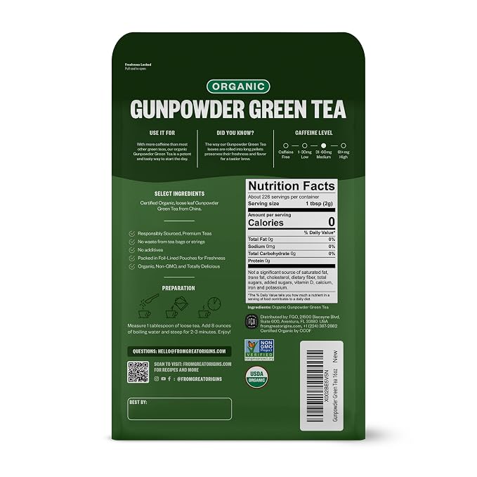 FGO Organic Gunpowder Green Tea, Loose Leaf, 453g Bulk Resealable Bag, Packaging May Vary (Pack of 1)