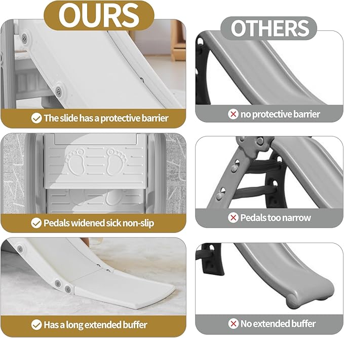 3 in 1 Toddler Large Play Climber Slide PlaySet with Extra Long Slipping Slope Indoor Kids Slide Toddler Playground Toddler Slide Outdoor Toys for Toddlers (Gray)