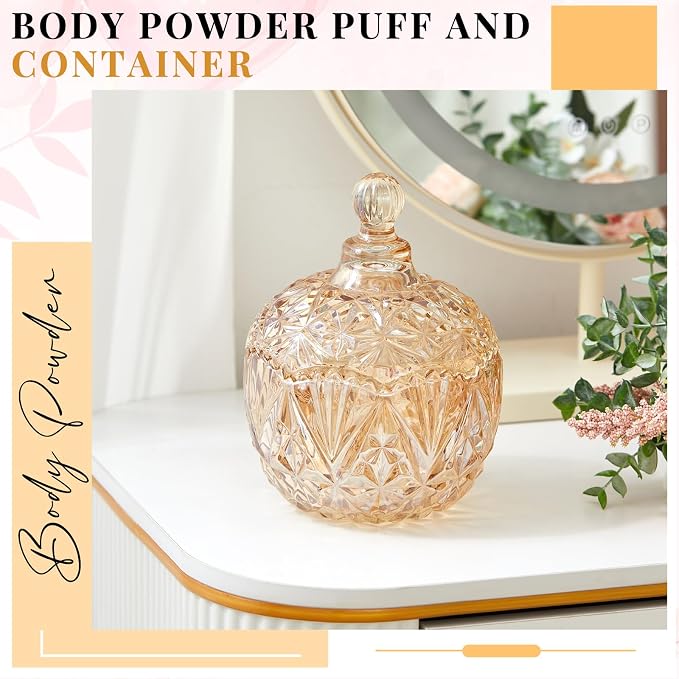 Tioncy 2 Pcs Extra Large Dusting Powder Puff and Container for Women-6'' Glass Crystal Dusting Powder Container with Body Soft Washable Reusable Velour Face(Amber,Crown)