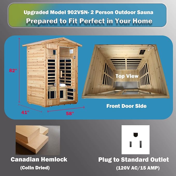 Upgraded Outdoor Sauna 902VSN Far Infrared Saunas, Outdoor Wooden Dry Sauna Low EMF Hemlock Wood (Upgraded Outdoor 2 Person)