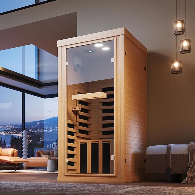 Far Infrared Wooden Sauna Room, 1 Person Traditonal Red Light Sauna, Canadian Hemlock Indoor Dry Sauna Room for Low EMF with Bluetooth Speakers and Control Panel, Whole Glass，32"x 32"x 66"