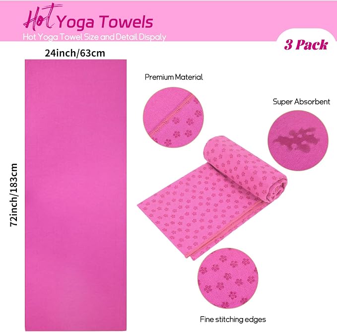 3 Pack Hot Yoga Towels with Plum Blossom Grip Dots, Non Slip Yoga Mat Towel, Super Absorbent Soft Suede Microfiber Mat Cover for Hot Yoga, Pilates, Bikram & Workout, 24" x 72", Hot Pink