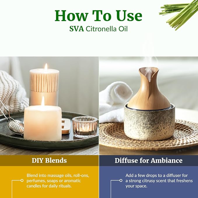 SVA Citronella Essential Oil 4 Fl Oz – for Diffuser, Skin & Hair Care – Ideal for Massage & DIY Blends – with Dropper