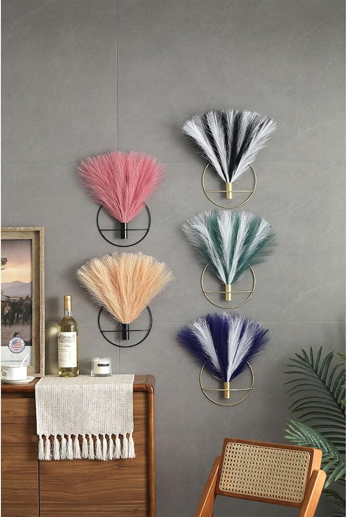 Pretty Jolly Boho Pampas Wall Decor Black Metal Wall-Mounted Art | Morden Artificial Greenery Display，2 Pack Hanging Planter For Living Room, Bedroom, Bathroom, Dining room