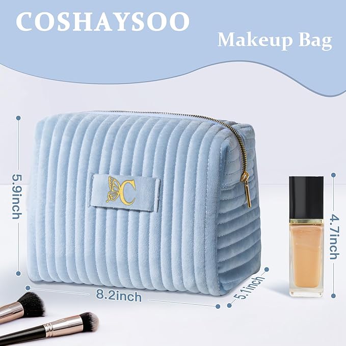 COSHAYSOO Personalized Birthday Retirement Gifts for Women Unique Travel Makeup Bag Quilted Make Up Cosmetic Pouch Woman Friend Gift Blue Velvet Beauty Accessories Organizer Initial Letter C