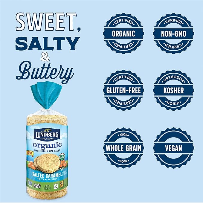 Lundberg - Organic Salted Caramel Brown Rice Cakes, Healthy Snack for the Whole Family, Kosher, USDA-Organic, Gluten-Free, Vegan (11 oz, 6-Pack)