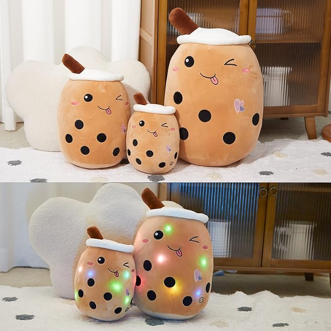 Athoinsu Light Up Chocolate Boba Milk Tea Plush Pillow,15'' Kawaii Bubble Stuffed Animal Toy with LED Lights,Birthday Christmas Holiday Valentines Gifts for Kids,Girls,Boys