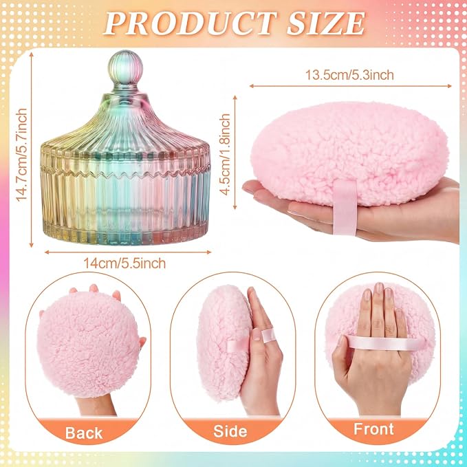 Extra Large Body Powder Puff and Container, 5.5'' Crystal Container with 5.3'' Oversize Dust Powder Puff Washable Reusable Face Body Glitter Wet Dry Makeup Gift(Colorful)