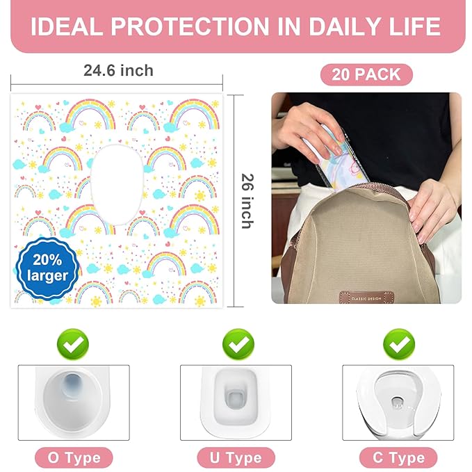 20 Pack Disposable Toilet Seat Covers - Extra Large, Waterproof - Toddler Potty Training, Portable Potty Covers for Kids & Adults, Kids Travel Essentials for Airplane, Trip (Rainbow)