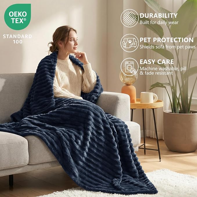 HIMEET Navy Blue Queen Blanket for Bed, 300GSM Ribbed Fleece, 90 x 90 in | Ultra Soft Flannel, All-Season Lightweight Warmth, Cozy Bed Coverage & Bedroom Decor, Gift for Men & Women, Machine Washable