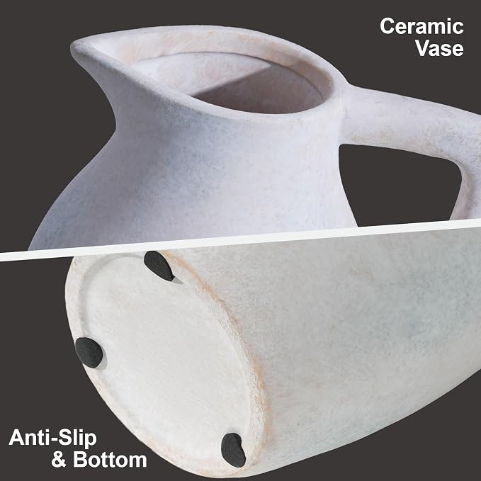 Ceramic Flower Vase with Handle, 9.65 inch Tall Ceramic Vase Home Decor Farmhouse Vases Terracotta Table Vases for Living Room Bathroom Modern Boho Coffee Table Centerpieces Bookshelf Kitchen, White