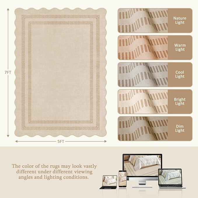 Washable Rug 5x7 Area Rugs for Living Room, Solid Khaki Rug Non Slip Scalloped Throw Mat with Rubber Back, Soft Low Pile Carpet for Dining Room Bedroom Dorm Nursery