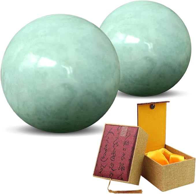 Traditional Chinese Baoding Balls, Marble Health Exercise Stress Relief Balls with a Retro Style Tassel Boxes for Gift, Green, 2-Piece Set, Medium-1.57"