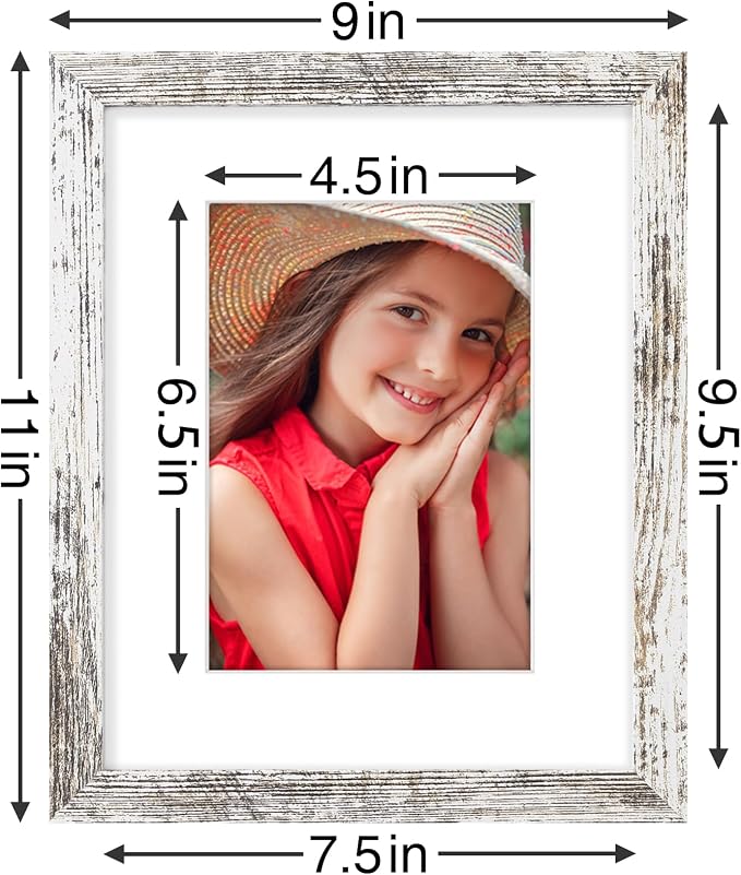 Vittanly 8x10 Picture Frames Set of 9, Shatter Resistant Plexiglass, Display 5x7 Pictures with Mat or 8x10 without Mat, Photo Frames for Wall or Tabletop, Engineered Wood, Distressed White