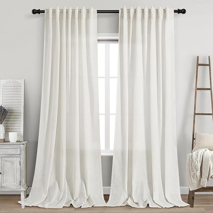 Nanspring Extra Long Beige White Curtains 105 Inch Long 2 Panels for Living Room Extra Long Back Tab Neutral Farmhouse Light Transmitting Semi Transparent Linen Curtains for Large Windows