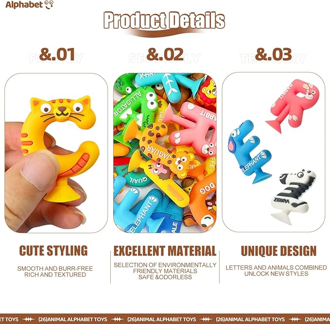 26pcs Alphabet Bath Toys for Toddlers , Educational Suction Bath Toys with Animal Letters, Montessori Sensory Toy for Kids 3-12, No Hole Food-Grade Silicone Toys for Autism/ADD/ADHD