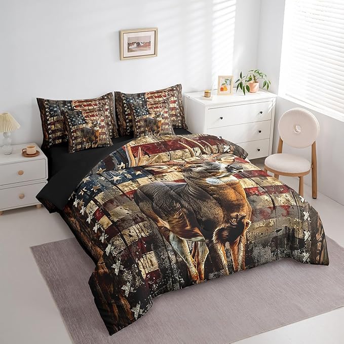 Feelyou Deer Hunting Comforter Set with Sheets American Flag 7 Piece Bedding Set Twin Size for Kids Boys Girls Wild Animal Deer Bed in a Bag Soft Down Bedding Comforters