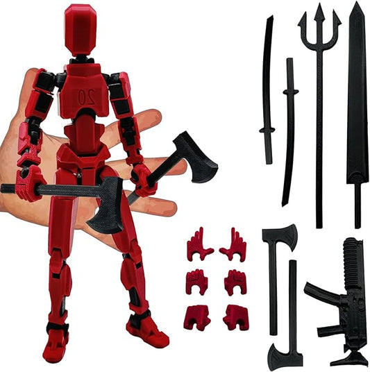 3D Printed Enlarge Body Size 8.1-inch Action Figure Dummy20, Full Body Mechanical Movable Toy, Multiple Accessories, Desk Decoration (Bracket, 3 HandsType, Weapons, Armour) (Red-Black)