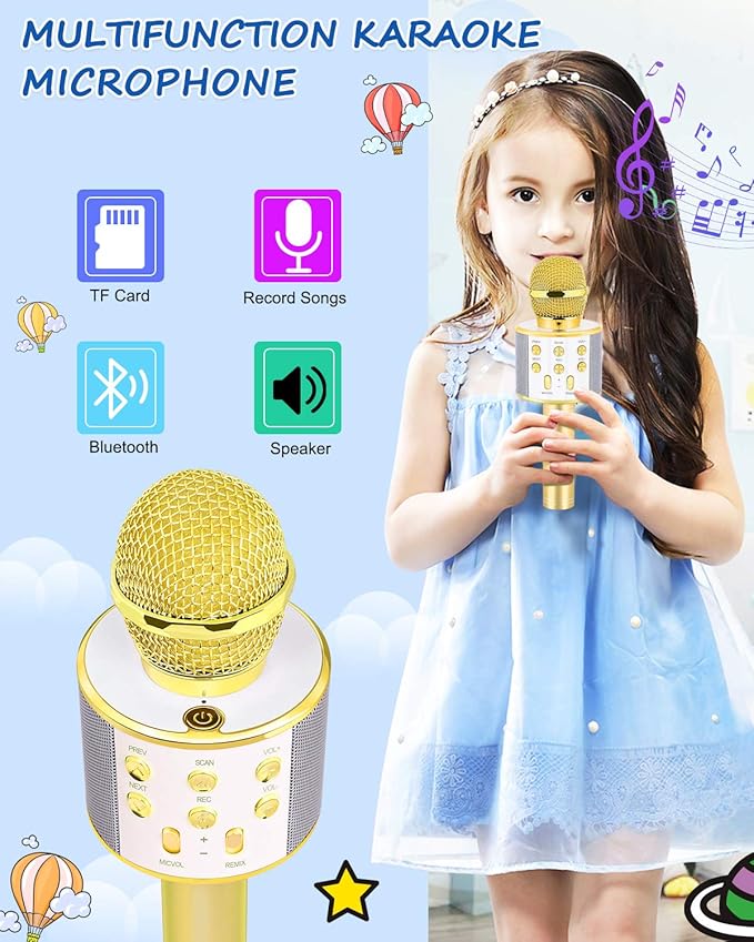 Gifts for 4 5 6 7 8 9 10 11 12 Year Old Girls, Handheld Karaoke Microphone for Kids Fun Toys for 4-13 Year Old Girls Birthday Gifts for 5-13 Year Old Girls Boys Teens - Gold