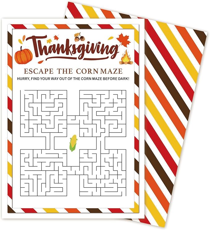 Thanksgiving Party Icebreaker Games Cards - Thanksgiving Escape The Corn Maze Game Cards for 30 Guests, Turkey Dinner Party Activity for Teens Adults Party Favor and Supplies, 5 x 7 inches