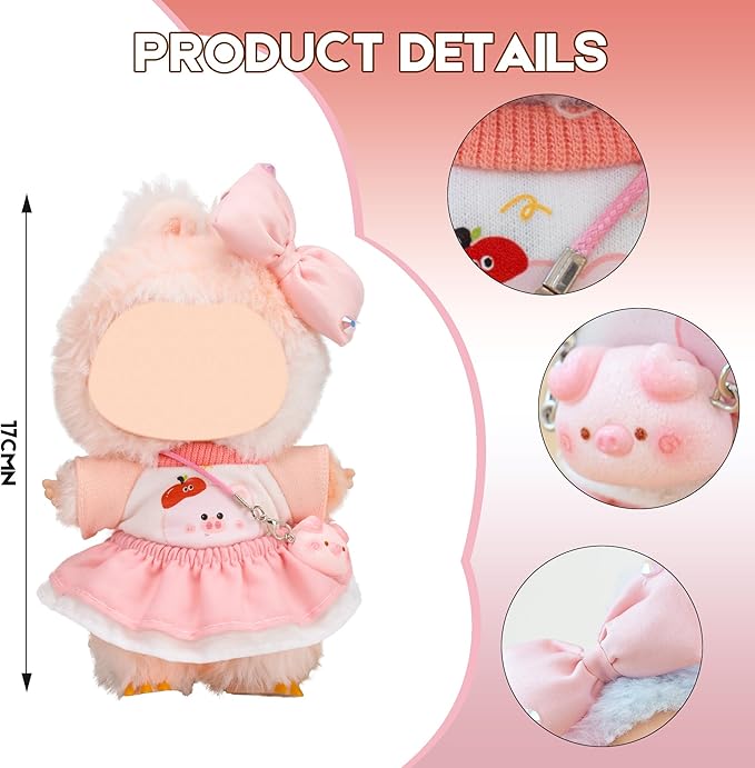 Clothes for Labubu Doll,6.7 Inch Doll Clothing Set - 4 Pieces of Handmade Clothes and Accessories for 17cm Plush Toy - Pink and White Colorblock Piglet Top + Pink Tutu Skirt + Bow Tie