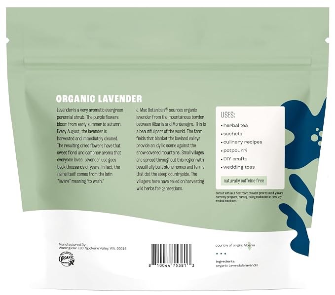 J Mac Botanicals, Organic Lavender Flower (2 oz), Dried Lavender Flowers, Buds