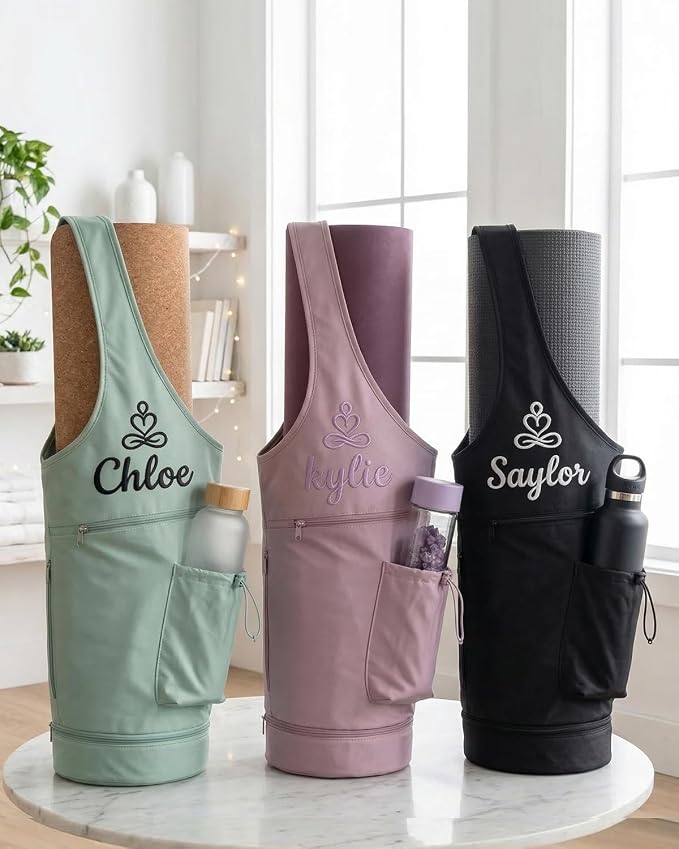 Personalized Yoga Mat Bag for Women Men Embroidery FREE NAME, Waterproof Nylon Yoga Mat Gym Bag Carrier Custom Compartment Fitness Travel Bags Adjustable Strap