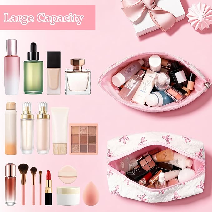 Initial Makeup Bag, Valentines Day Gifts for Women Teens Girls Birthday Gift Personalized Bow Cosmetic Bag, Quilted Cosmetic Travel Toiletry Pouch, Cute Makeup Organizer Teen Girl Gifts Trendy Stuff E