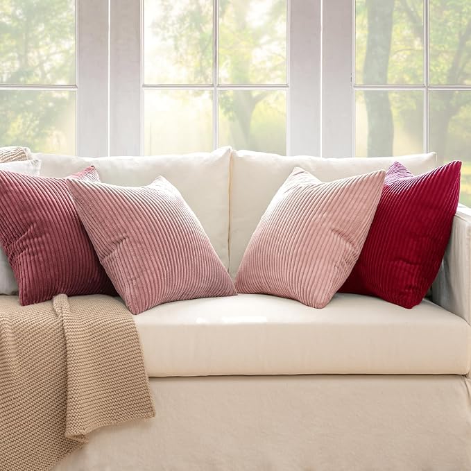 MIULEE Soft Corduroy Decorative Throw Pillow Covers Pink Series 20x20 | Set of 4, Shabby Chic Romantic Decor, Warm Red Pink Palette, Boho Farmhouse Cushion Covers for Couch Bed Sofa Living Room