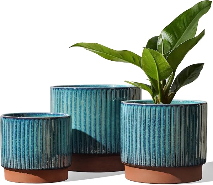 LE TAUCI Ceramic Plant Pots with Drainage Holes, Set of 3, 8+6.7+5.5 Inch Stripe Garden Planter Pots for Outdoor Indoor Plants Flower, Round Succulent Orchid Flower Pot, Reactive Glaze Green