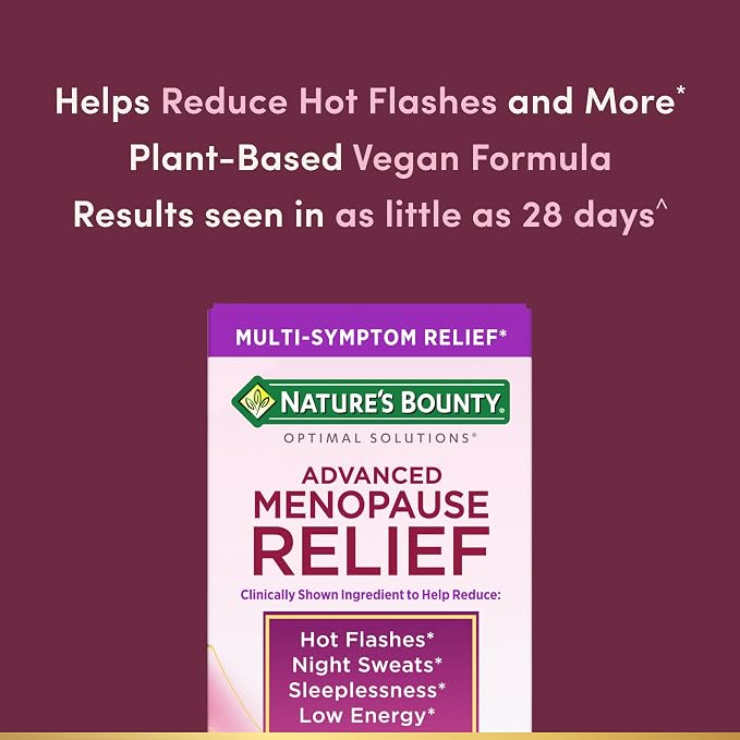 Nature’s Bounty Optimal Solutions Advanced Menopause Relief Supplements for Women with Hot Flash and Night Sweats, No added Hormones, Drug-Free, 30 Tablets, 30 Total Servings