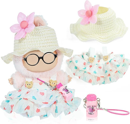 One Set Kawaii Doll Clothes for 17cm Plush Dolls -Floral Collection Dress + Hat + Bag + Hair Clip Fits 6.7 Inch Mini Dolls (No Doll No Glasses)